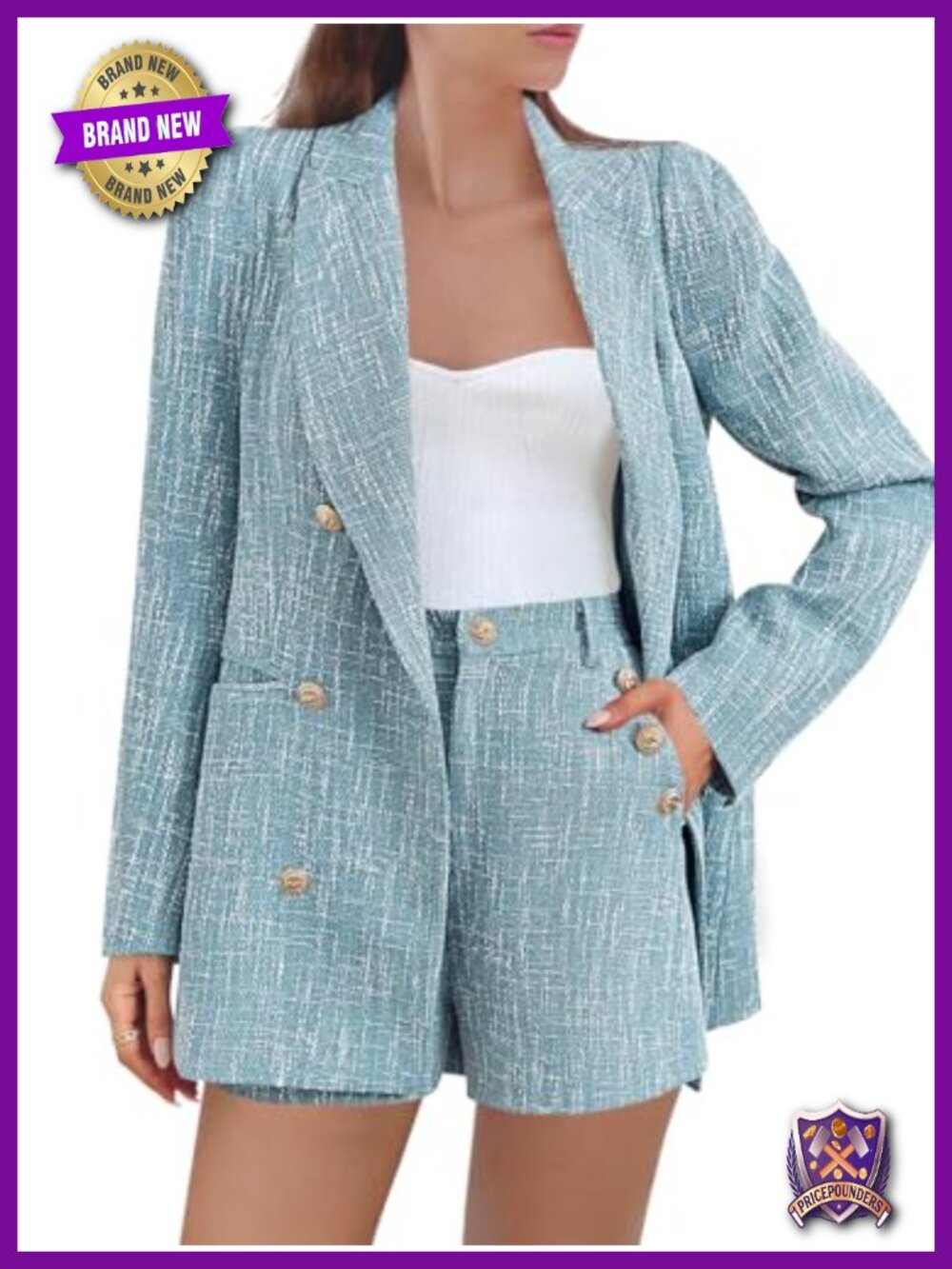 Womens 2 Piece Tweed Blazer Shorts Set Double Breasted Business Work Suit